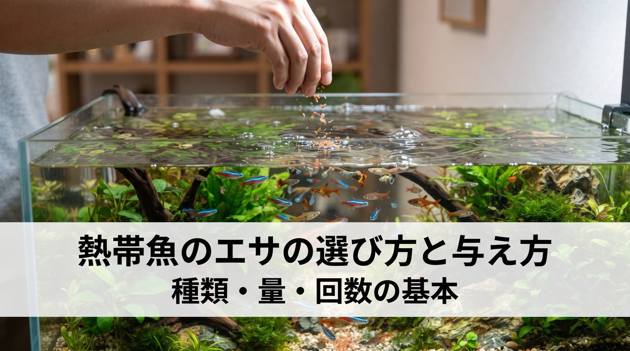 水槽の水面にエサをパラパラと落とし、熱帯魚が水面近くに集まってきている様子