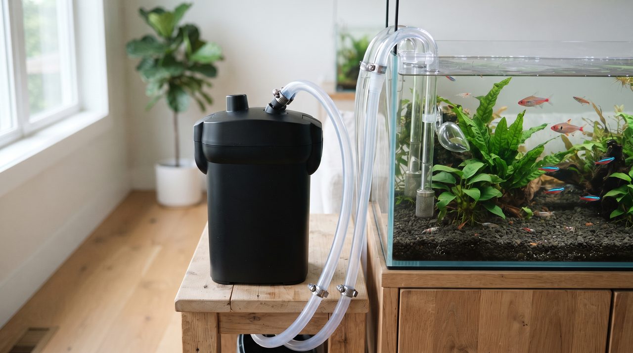 熱帯魚水槽に接続された外部式フィルターとチューブのクローズアップ