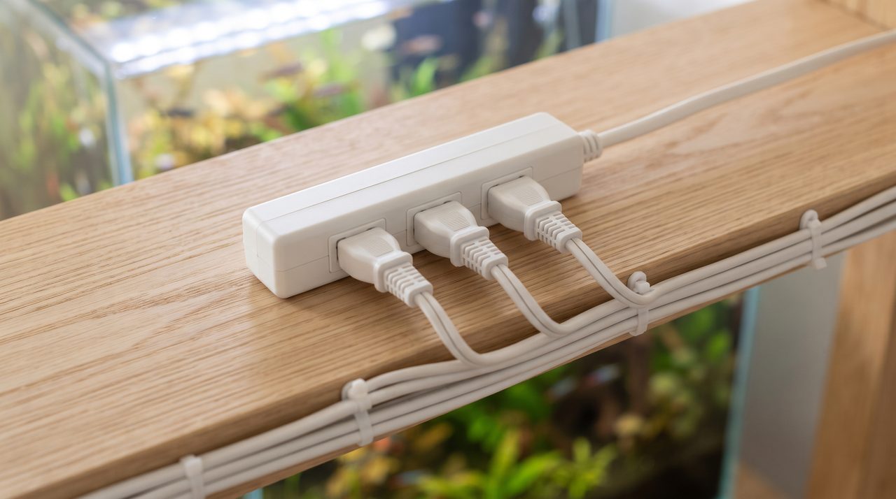 整理された電源タップに複数のコードがきれいに差し込まれている様子