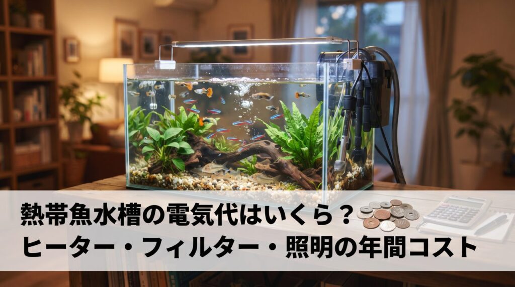 熱帯魚水槽の電気代シミュレーション記事のアイキャッチ、水槽とコイン・電卓