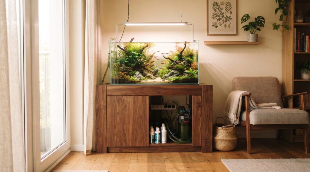 木製キャビネットタイプの水槽台に水草レイアウト水槽が設置されたリビングの一角