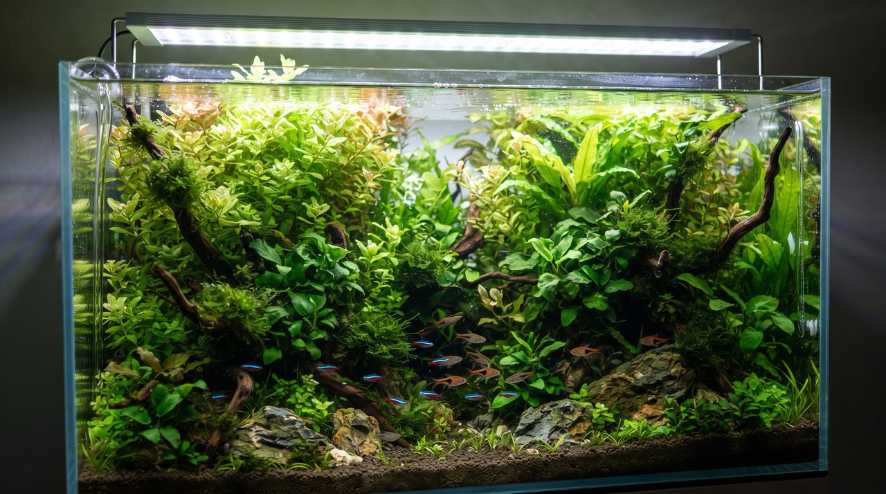 LED照明の光を浴びて青々と茂った複数種類の水草が密に生い茂る水槽内の様子