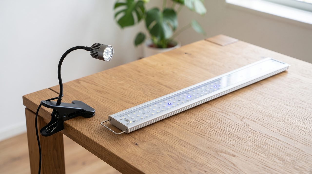 木製テーブルの上にクリップ式のLED照明と水槽の横幅に合わせた据え置き式のバー型LED照明を並べて置いた物撮り写真