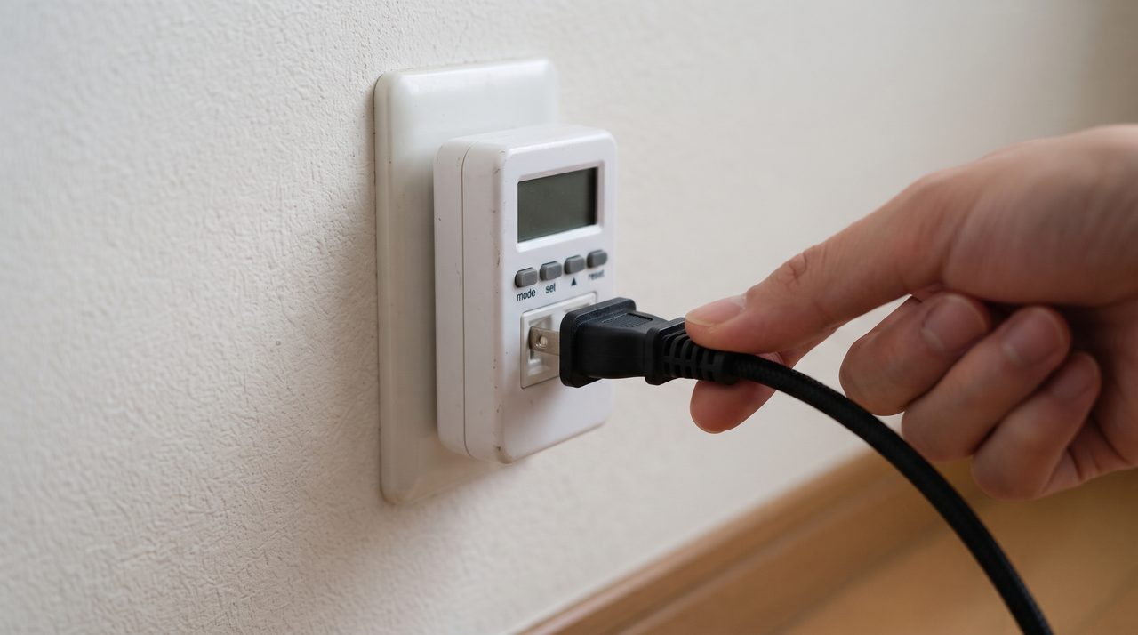 壁のコンセントに差し込んだコンセントタイマーに、水槽用LED照明の電源プラグを指先で差し込んでいる様子のクローズアップ写真