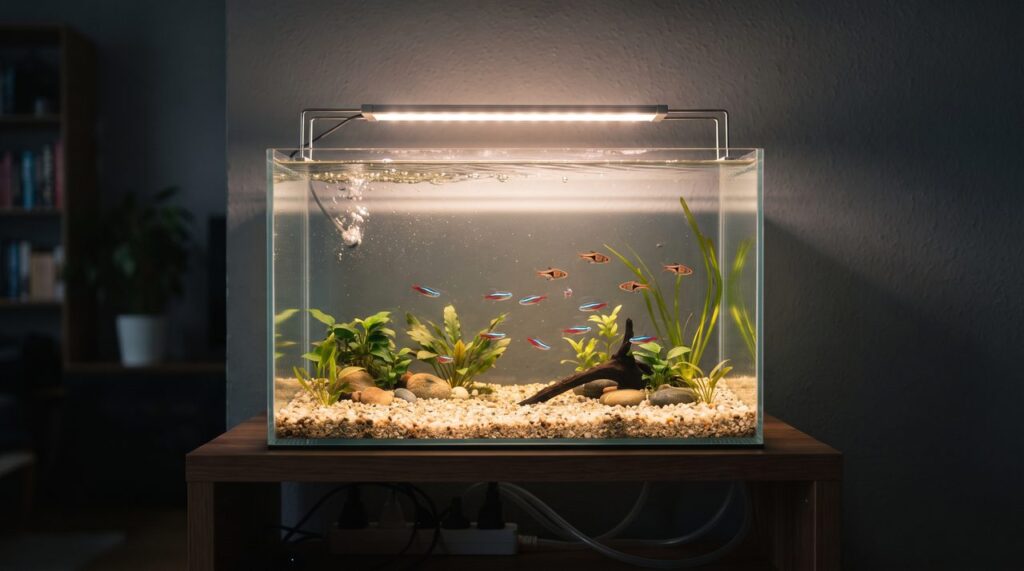 LED照明に照らされた熱帯魚水槽を横から見た様子、水面から柔らかい光が降り注ぎ暗めの部屋の中で水槽だけが明るく浮かび上がっている