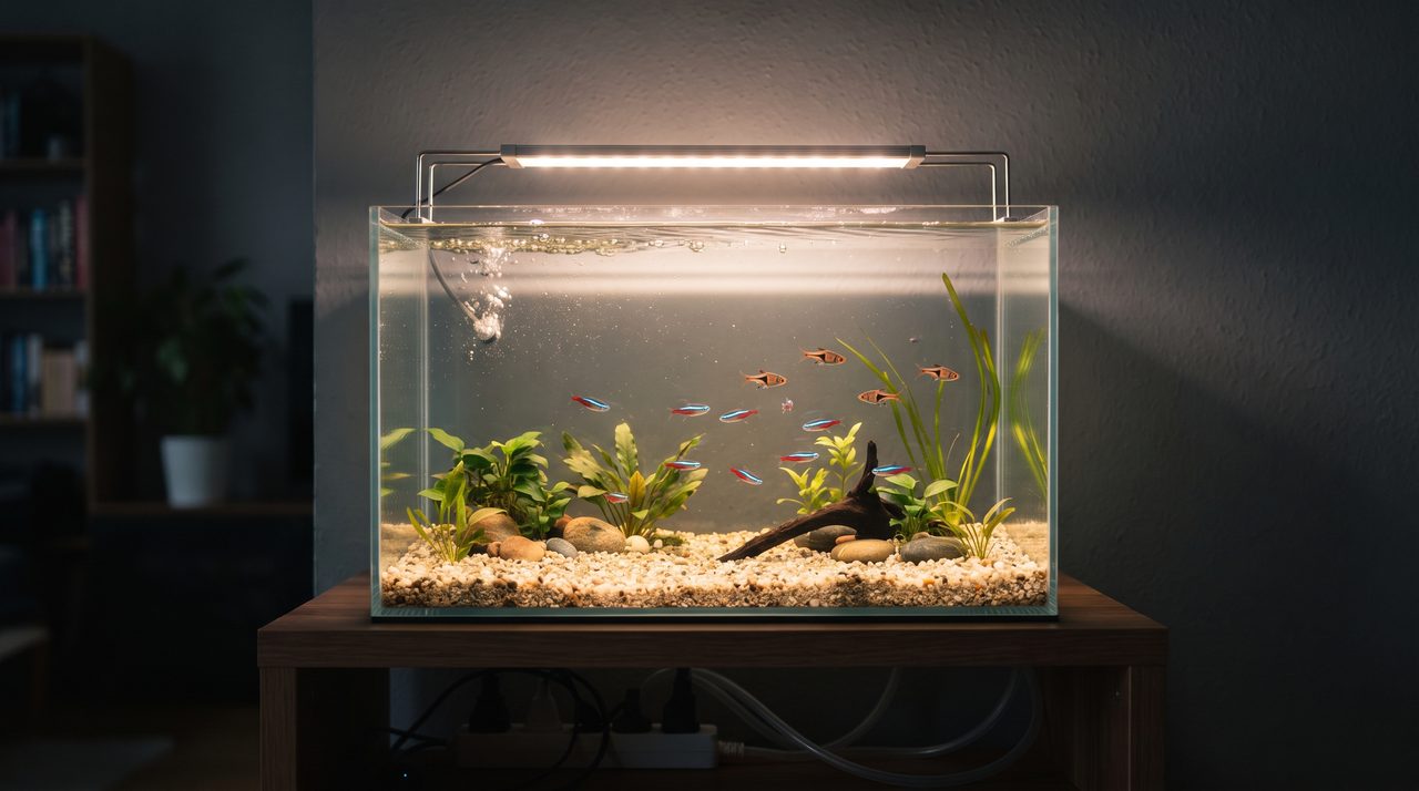 LED照明に照らされた熱帯魚水槽を横から見た様子、水面から柔らかい光が降り注ぎ暗めの部屋の中で水槽だけが明るく浮かび上がっている