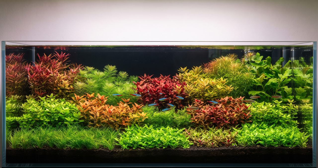 オランダ式アクアスケイピング、色や葉の形が異なる複数種類の水草を帯状に並べて植えた水槽の正面写真