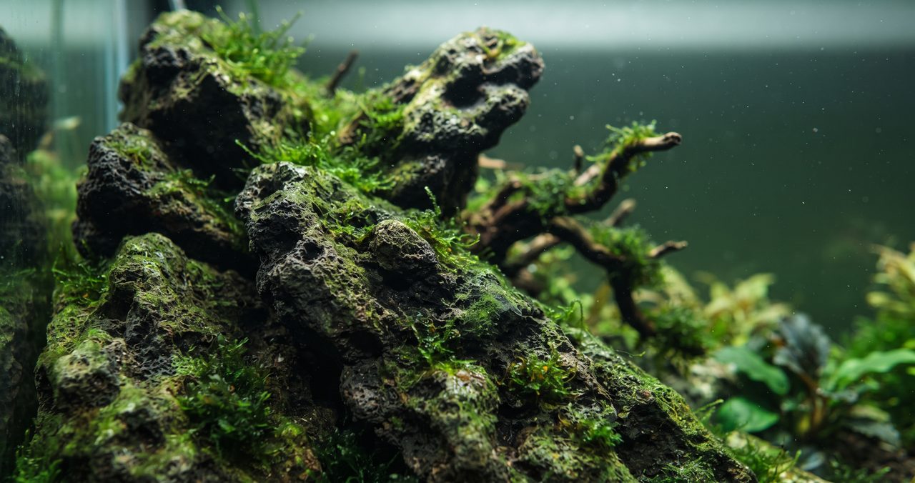 水槽内の石組みを斜め横から見上げるように撮ったクローズアップ写真、苔むした溶岩石と流木の枝先が重なり合い渓流の岩場のような雰囲気を演出している