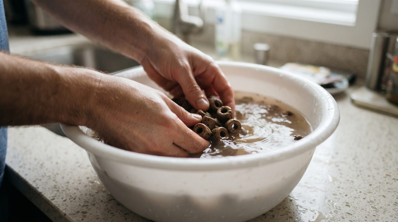 白いボウルに張った水の中で、両手で茶色いリング状のろ材を優しくすすいでいる手元のクローズアップ