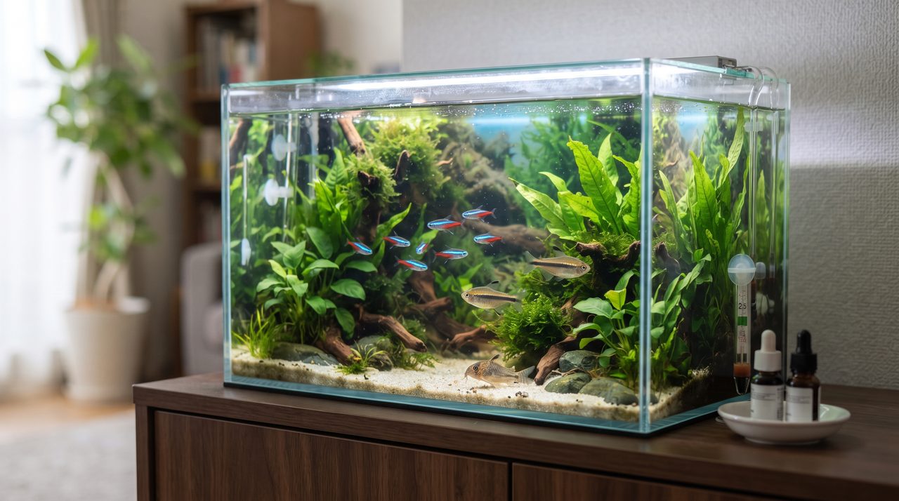 水質が安定した清潔な熱帯魚水槽、水はガラスのように澄み切っており脇に水温計と水質検査キットのボトルが置かれ魚が数匹元気に泳いでいる