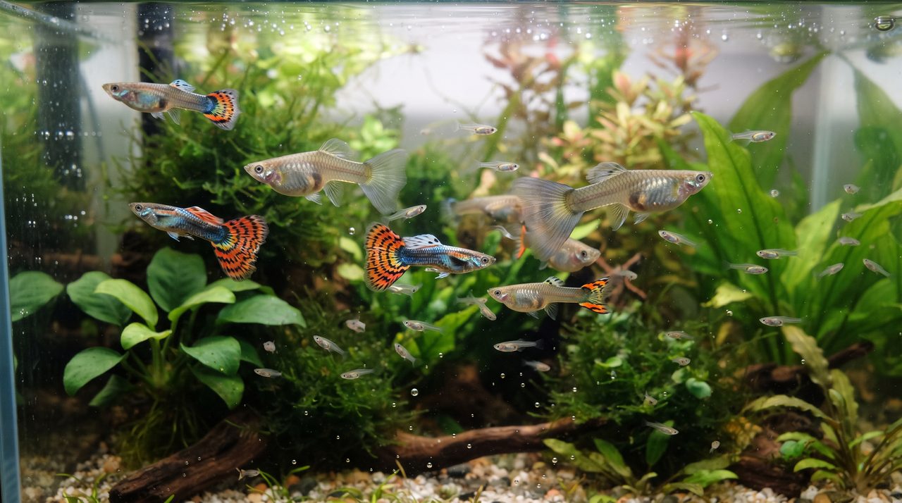 水槽内で体の大きな成魚のグッピーと、それより明らかに小さい稚魚が同じ水槽内に混在して泳いでいる様子、世代の違いが見た目で伝わる