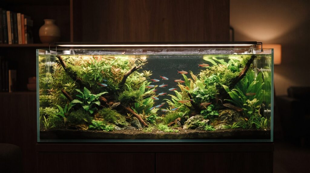水草がしっかりと茂り、長い年月をかけて安定した印象の熱帯魚水槽を部屋の中で横から見た様子、暖かみのある間接照明の中で魚が数匹ゆったりと泳いでいる