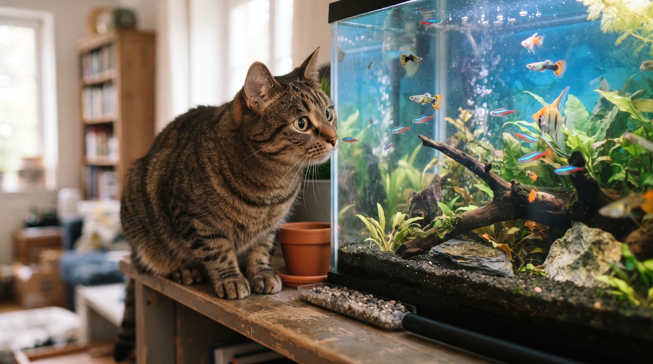 猫が熱帯魚水槽のガラス面のすぐ前に顔を近づけて中を興味深そうに覗き込んでいる様子、前足は棚の上に置かれ水槽内には熱帯魚が数匹泳いでいる