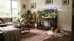 リビングルームに置かれた熱帯魚水槽の近くで猫が落ち着いた様子でくつろいでいる情景、柔らかい自然光が差し込む明るい部屋