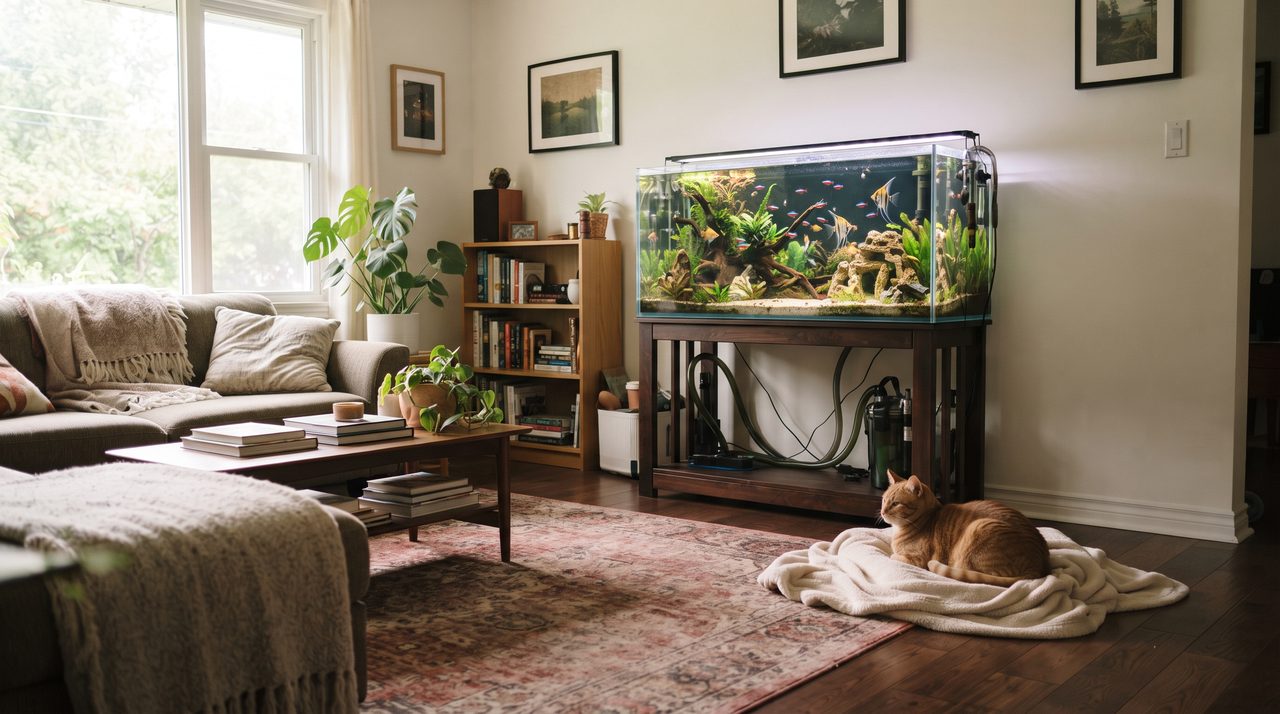 リビングルームに置かれた熱帯魚水槽の近くで猫が落ち着いた様子でくつろいでいる情景、柔らかい自然光が差し込む明るい部屋