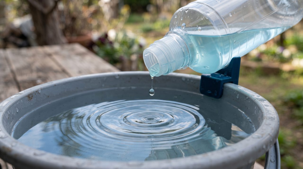 水を張ったバケツの上でカルキ抜き剤のボトルを傾け、液体が水面に滴り落ちて波紋が広がる瞬間