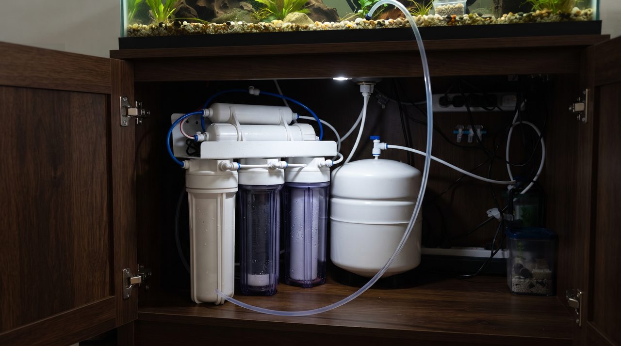 水槽台の下の棚に設置されたコンパクトなRO浄水器、複数の円筒形フィルターカートリッジと加圧タンクがチューブでつながり水槽に向かって伸びている