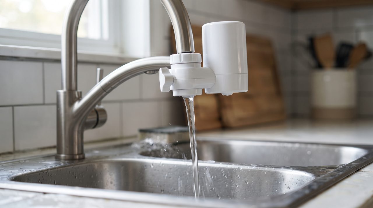 キッチンの蛇口に取り付けられた家庭用浄水器から水が流れ出ている様子のクローズアップ