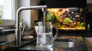 キッチンの蛇口から透明な水がガラスのピッチャーに注がれ、背景に柔らかくぼかした熱帯魚水槽が写り込んでいる情景