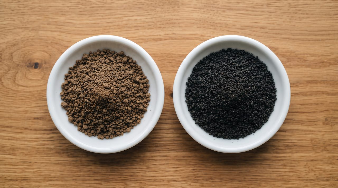 白い皿に盛った明るい茶色の栄養系ソイルと黒っぽい吸着系ソイルを並べて比較した俯瞰写真