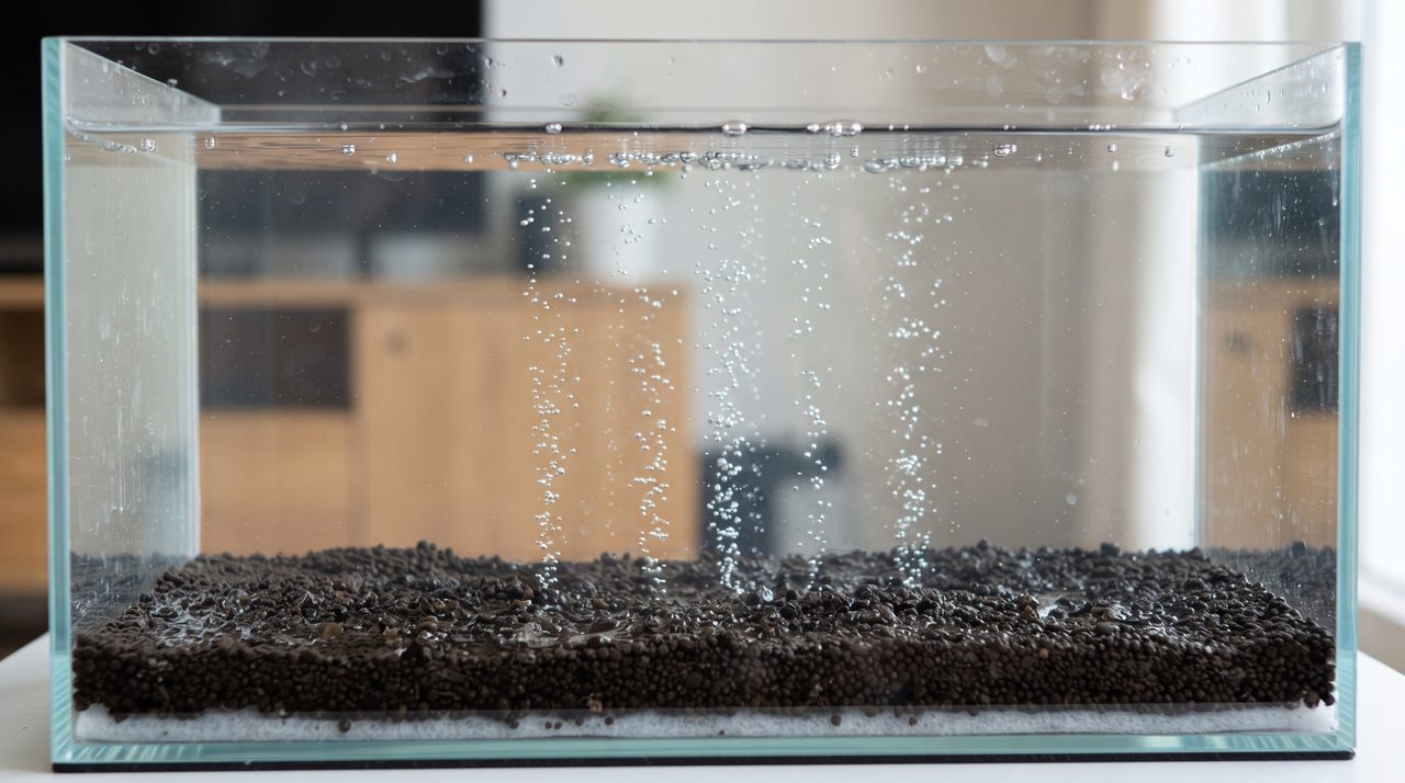 敷いたばかりの新しい黒いソイルの上に細かい気泡が立ち上る、立ち上げ直後の水槽内部の様子