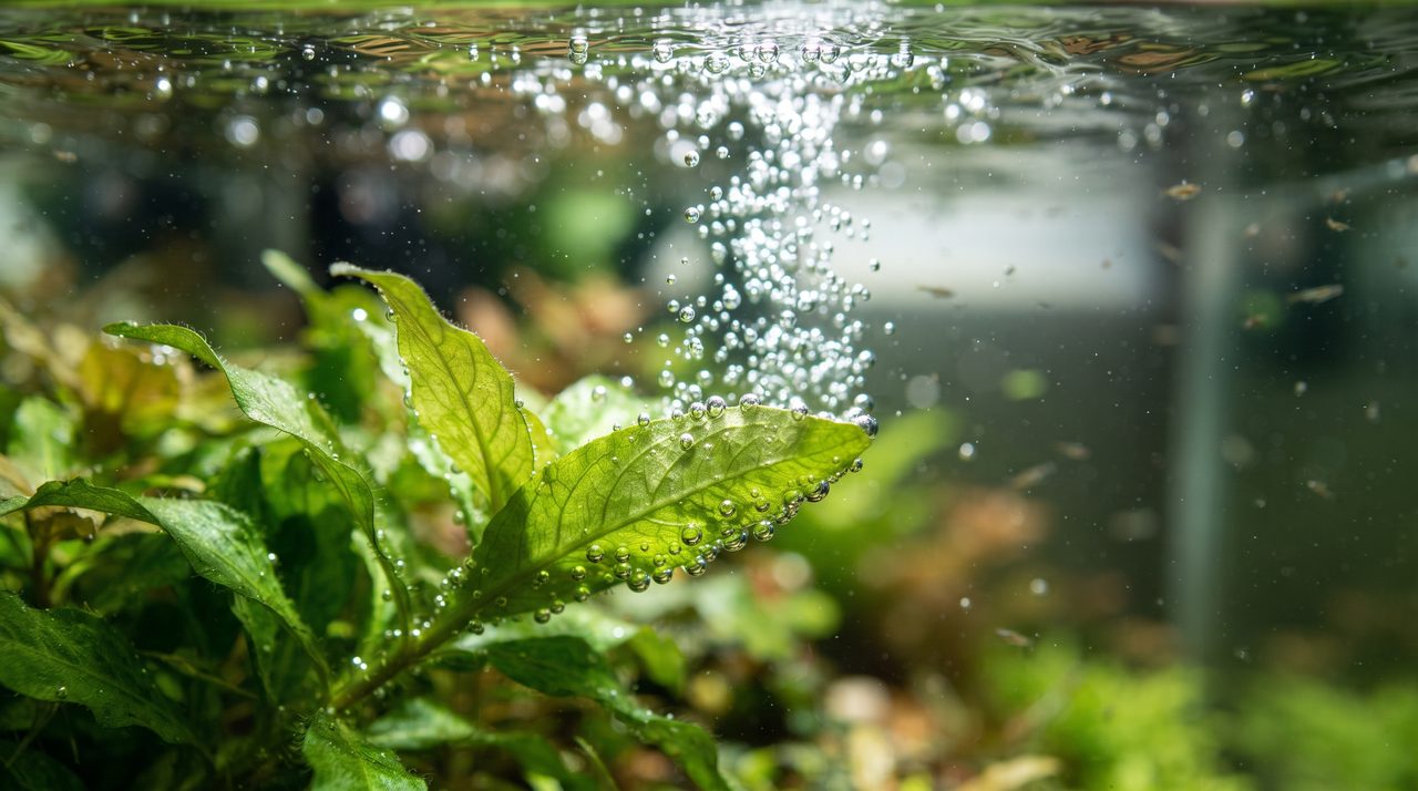 水草の葉の裏側から小さな気泡がいくつも連なって水面に向かって立ち上っているクローズアップ