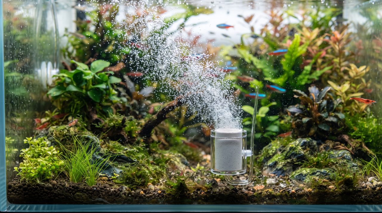 水槽内の拡散器から細かい霧状の気泡が発生し水草の間に広がっている様子