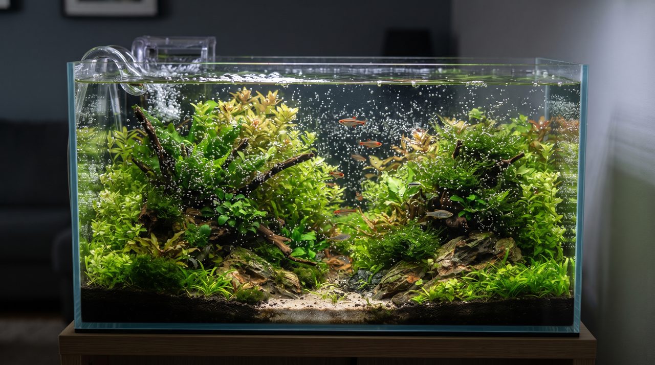 水草が茂ったガラス水槽全体から無数の細かい気泡が水面に向かって立ち上っている様子