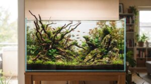 流木と石を組み合わせたレイアウトが美しい熱帯魚用ガラス水槽を正面から見た様子