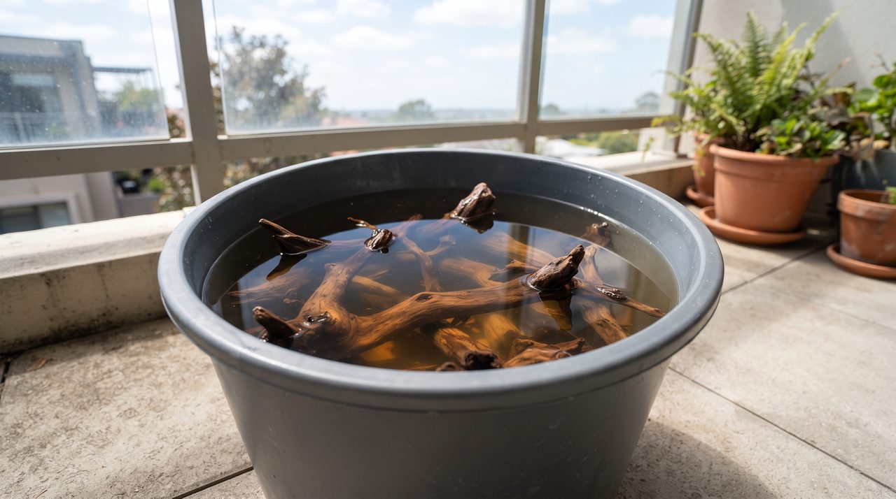 ベランダに置いた大きなバケツに水を張り茶色い流木を沈めてアク抜きをしている様子