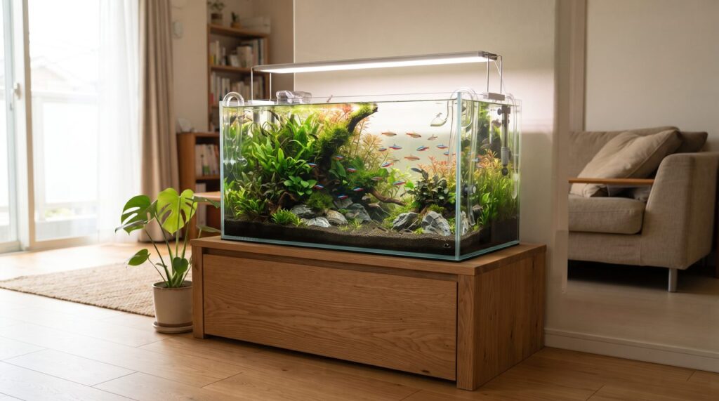 低い木製の専用水槽台にしっかりと設置された熱帯魚用ガラス水槽が置かれた明るいリビングの様子