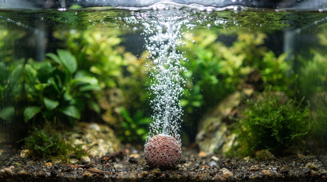 水草を背景に、エアストーンから細かい気泡が水面へ向かって連なって立ち上る様子をクローズアップで撮影した水中の様子