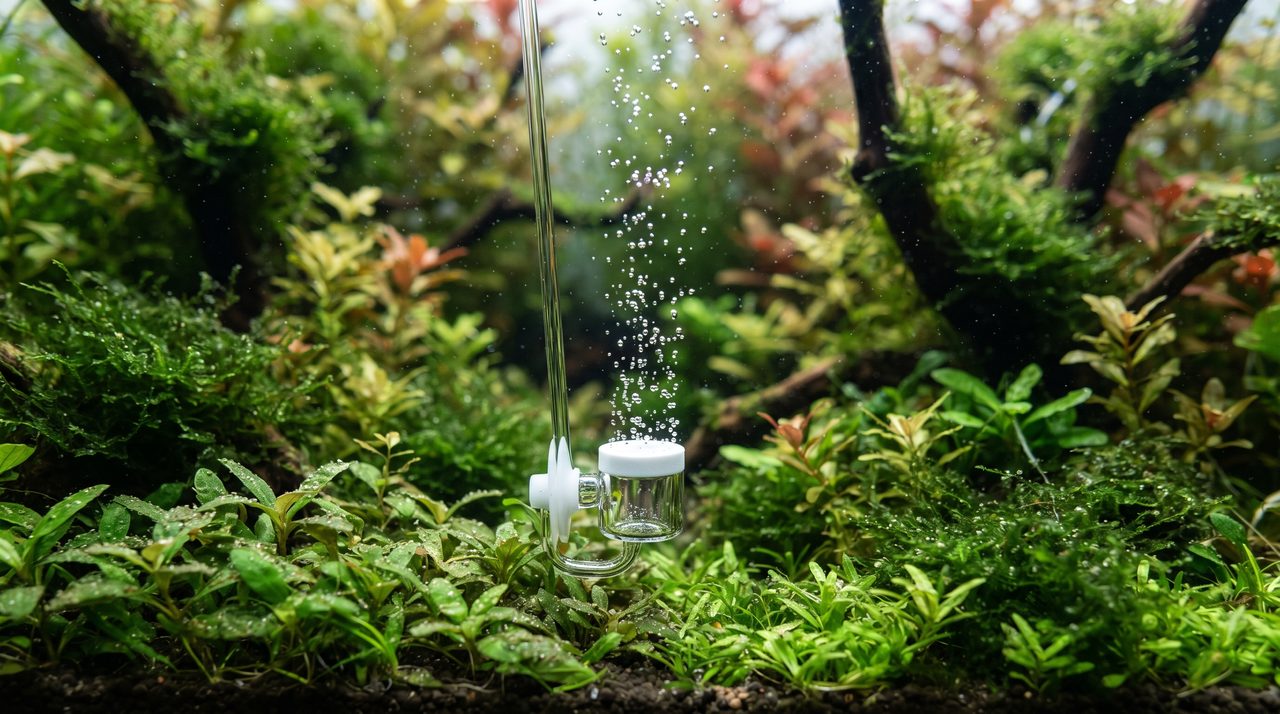 水草が茂ったレイアウト水槽の中で、CO2用ディフューザーから細かい気泡が連続して立ち上る様子