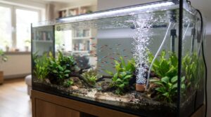明るいリビングに置かれた熱帯魚用水槽で、底面のエアストーンから細かい気泡が水面に向かって立ち上り水面が波立っている様子