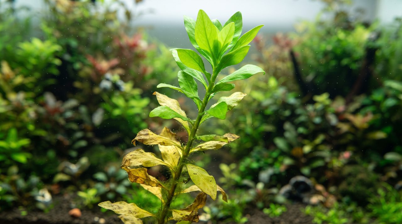 水草の茎の下側にある古い葉が黄色っぽく変色し、上部の新芽は健康的な緑色をしている色の対比が分かる様子