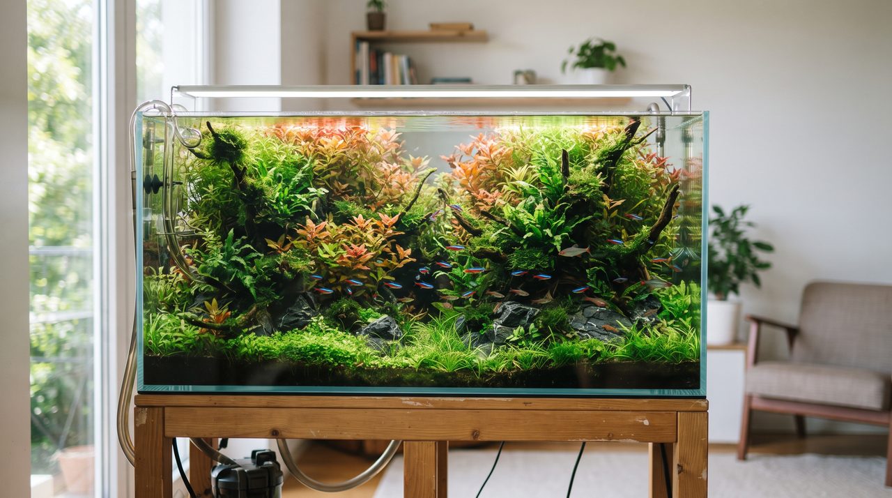 色鮮やかな水草がこんもりと茂った熱帯魚用レイアウト水槽を明るい室内でやや引いた角度から撮影した様子