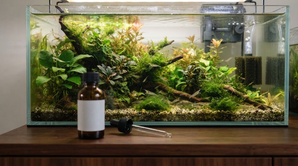 水草水槽の手前に、魚の病気用の薬瓶とスポイトが置かれている様子