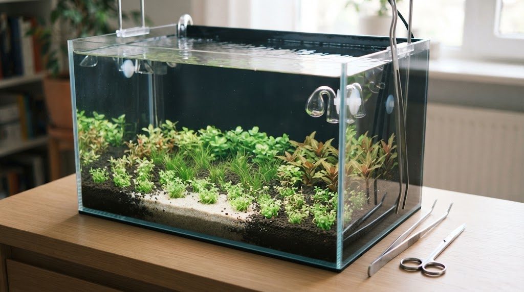 底砂に水草を植え終えた水槽と、脇に置かれたピンセットとはさみ