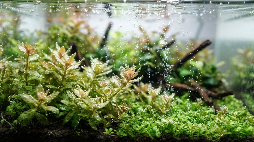 照明に照らされた水草の葉から小さな気泡が立ち上っている様子