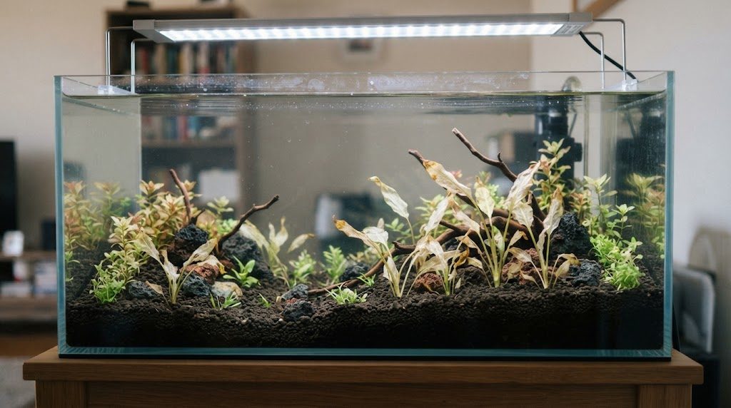 立ち上げたばかりの水槽で、植えたばかりの水草の葉の一部が色あせて傷み始めている様子