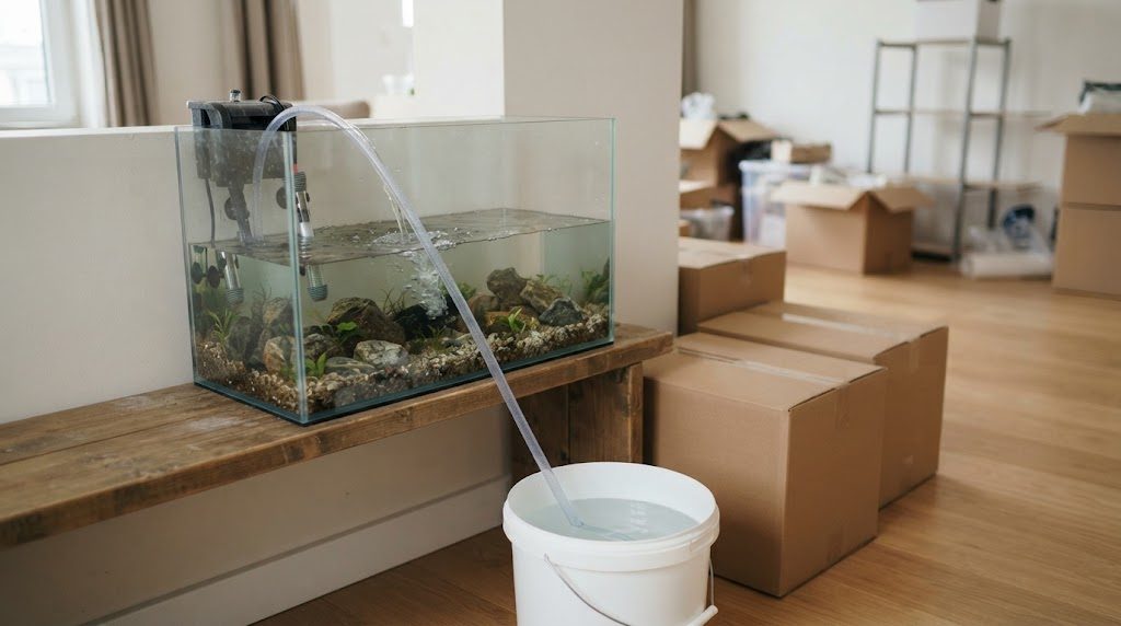 新居の部屋で水槽を設置し、バケツの水で張り直している途中の様子。周りには段ボール箱が残っている