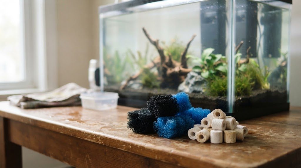 立ち上げ中の水槽の横に、ろ過バクテリアが住み着くスポンジ状とリング状のろ材を並べた様子
