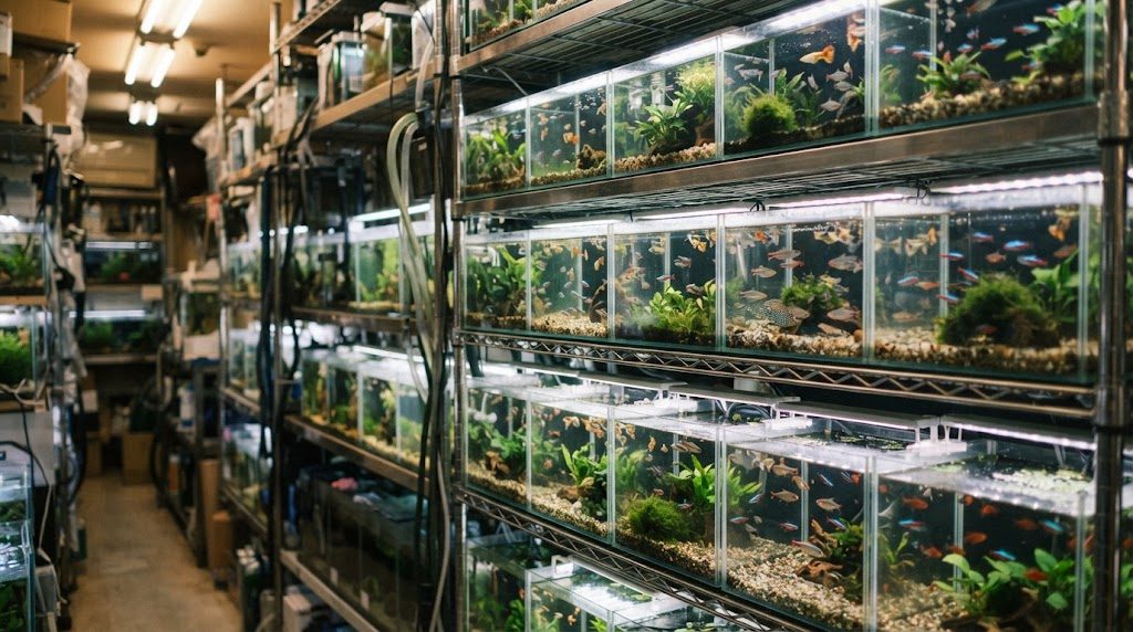 熱帯魚ショップの店内に、小型の魚が泳ぐ水槽が並んでいる様子