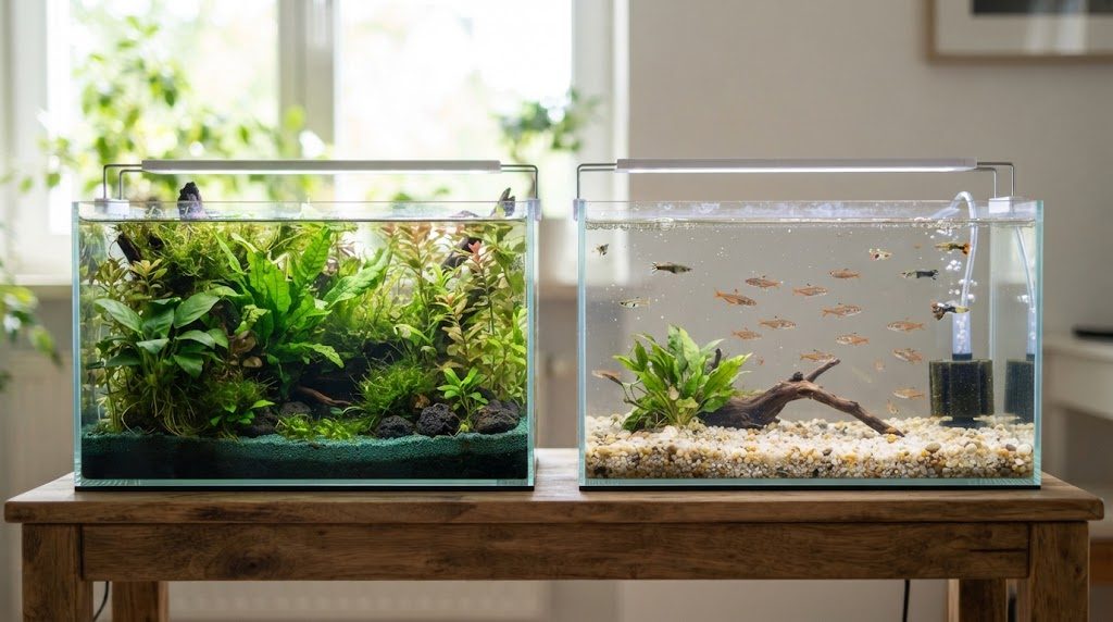 黒いソイルに水草が茂る水槽と、明るい砂利を敷いた水槽を並べて見比べている様子