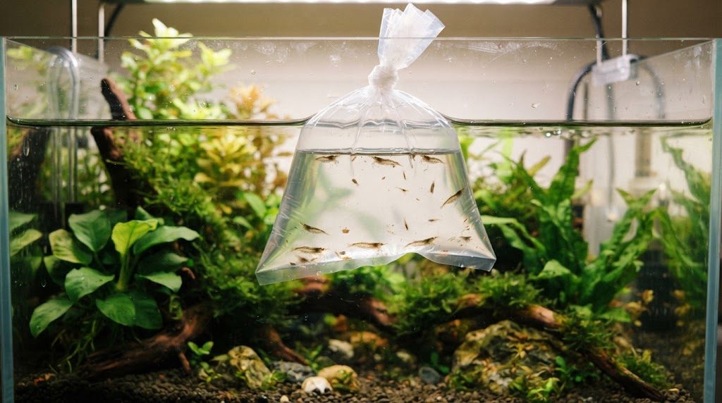 購入したエビが入った袋を水槽の水面に浮かべて、水温をなじませている様子